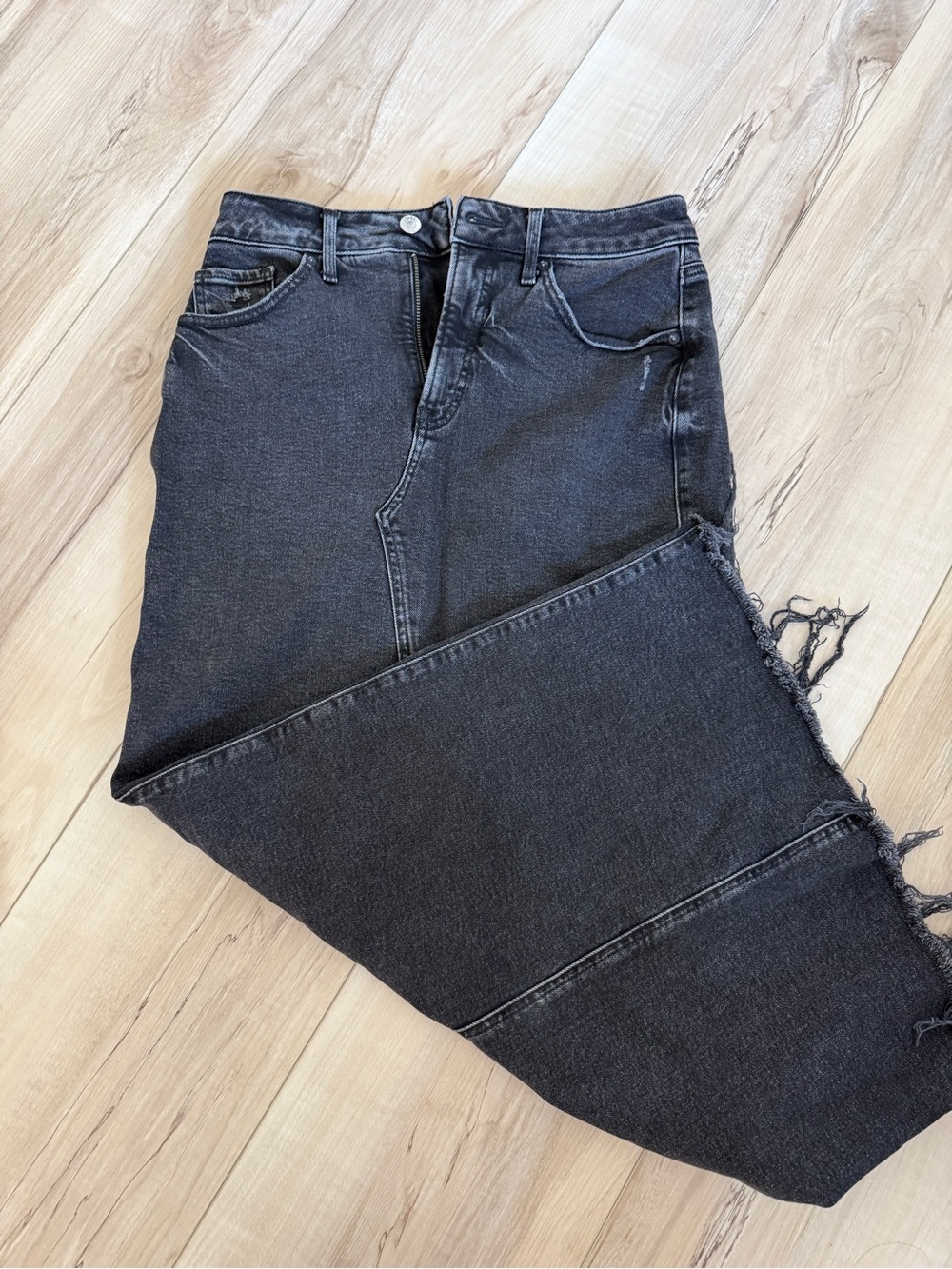 Express Black Washed Denim Skirt with Frayed Seam Detail